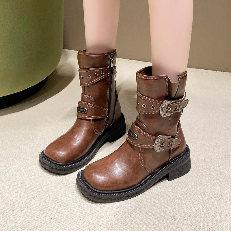 Brown Leather Buckle Strap Mid-calf Boots on Luulla display picture 2