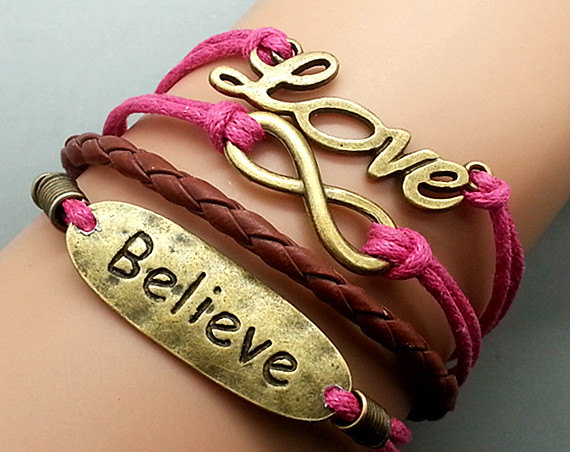 Infinity believe & Love Bracelet Charm Bracelet Bronze Bracelet Rose Korean Wax Cords Leather Charm Bracelet Personalized Bracelet
