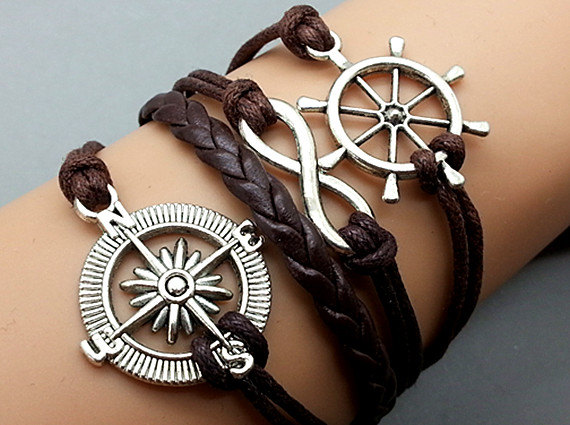 Compass Bracelet Infinity Bracelet Ship Wheel Charm Bracelet Dark Brown Korean Wax Cords Dark Brown Leather Charm Bracelet Personalized Bracelet
