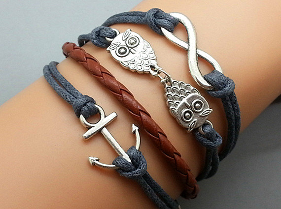 Infinity Bracelet Owls Bracelet Anchor Bracelet Charm Bracelet Silver Bracelet Black Korean Wax Cords Black Leather Charm Bracelet Personalized Bracelet