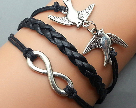 Infinity & Love Bird Bracelet Charm Bracelet Silver Bracelet Black Wax Cords Black Leather Charm Bracelet Personalized Bracelet