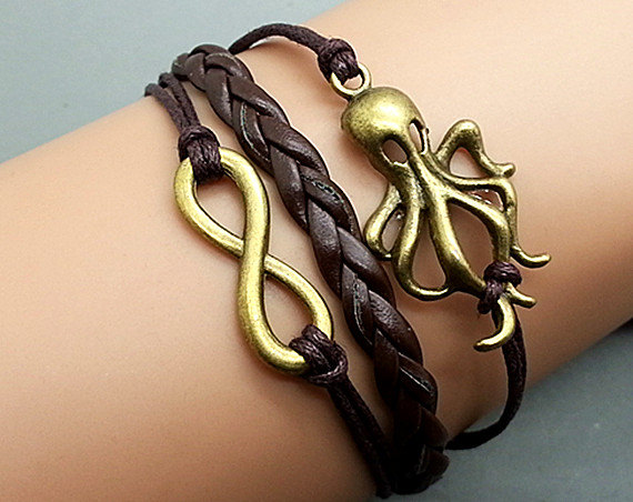 Infinity & Octopus Bracelet Charm Bracelet Bronze Bracelet Brown Wax Cords Brown Leather Charm Bracelet Personalized Bracelet