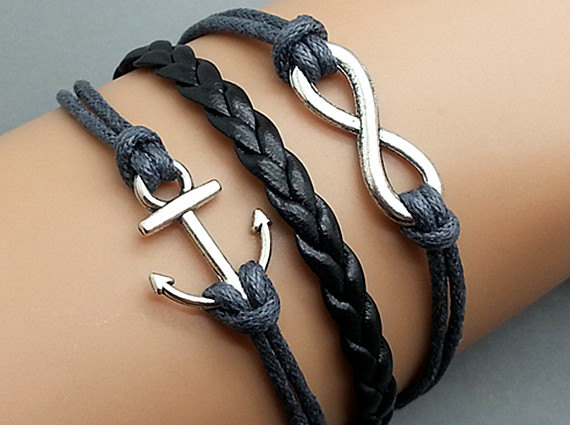 Infinity & Anchor Bracelet Charm Bracelet Silver Bracelet Korean Wax Cords Leather Charm Bracelet Personalized Bracelet
