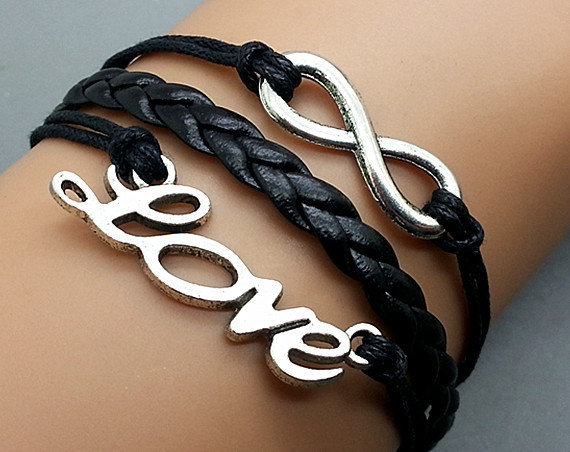 Infinity & Love Bracelet Charm Bracelet Silver Bracelet Black Korean Wax Cords Black Leather Charm Bracelet Personalized Bracelet