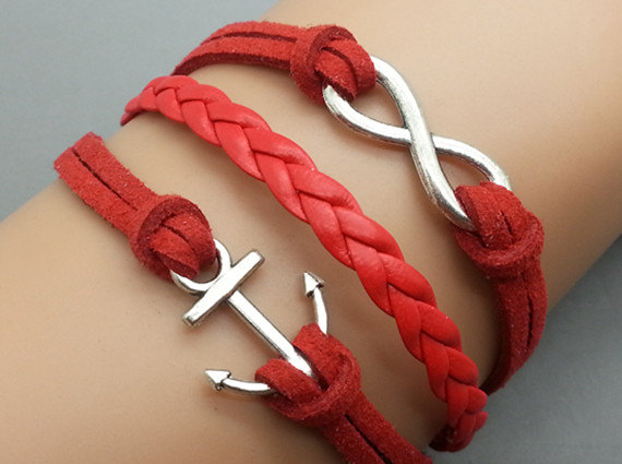 Infinity & Anchor Bracelet Charm Bracelet Silver Bracelet Red Korean Wax Cords Leather Charm Bracelet Personalized Bracelet