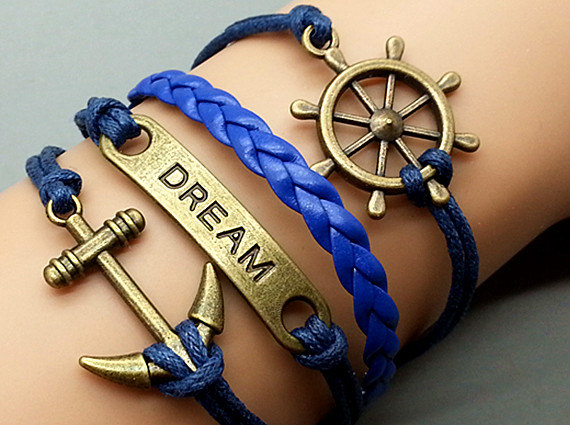 Anchor Dreaw & Helmsman Bracelet Charm Bracelet Silver Bracelet Navy blue Korean Wax Cords Leather Charm Bracelet Personalized Bracelet