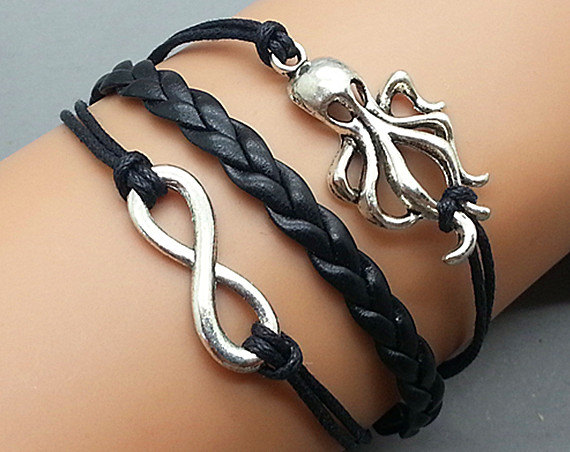 Infinity & Octopus Bracelet Charm Bracelet Silver Bracelet Black Wax Cords Black Leather Charm Bracelet Personalized Bracelet