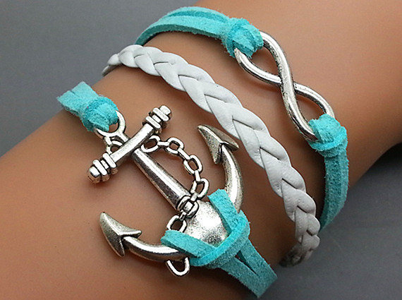 Infinity & Anchor Bracelet Charm Bracelet Silver Bracelet Blue Korean Wax Cords Blue Leather Charm Bracelet Personalized Bracelet