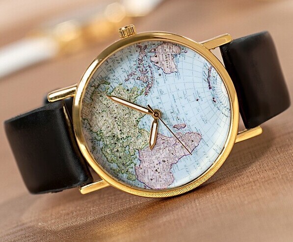 The world map Leather Women Watch -Vintage Style Leather Watch, Women Watches, Unisex Watch, Black Leather Watch,