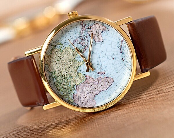 The world map Leather Women Watch -Vintage Style Leather Watch, Women Watches, Unisex Watch, Brown Leather Watch,