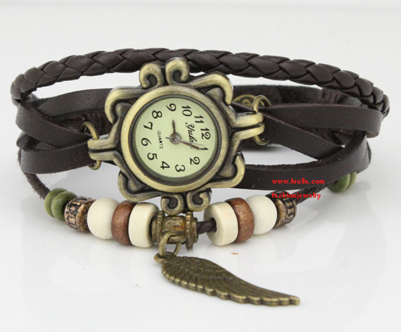 Steampunk Black Leather Watch Bracelet Ladies wristWatch Vintage Wrap Watch - birthday gift