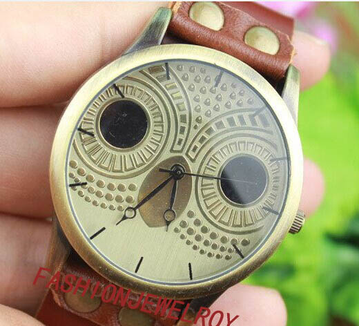 Brown leather bracelet watch cute owl watch handmade women's wrist watch vintage watch