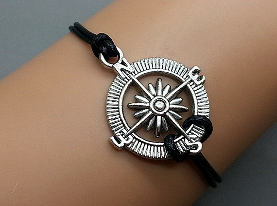 2PCS Silver Compass Bracelet Wax Cord Bracelet Cham Bracelet Wristband Bracelet Adjustable Weave Bangle Personalized Bracelet