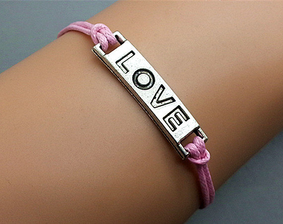 Sales-2pcs Silver Love Bracelet Pink Wax Cord Bracelet Cham Bracelet Wristband Bracelet Adjustable Weave Bangle Personalized Bracelet