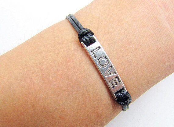 Silver Love Bracelet Gray Wax Cord Bracelet Cham Bracelet Wristband Bracelet Adjustable Weave Bangle Personalized Bracelet