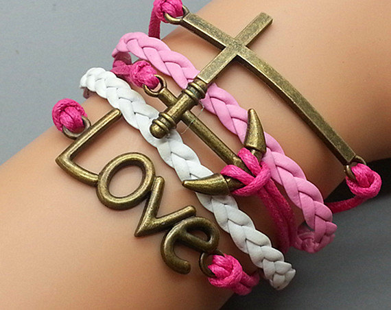 Cross Love & Anchor Bracelet Charm Bracelet Bronze Bracelet Wax Leather Charm Bracelet Personalized Bracelet