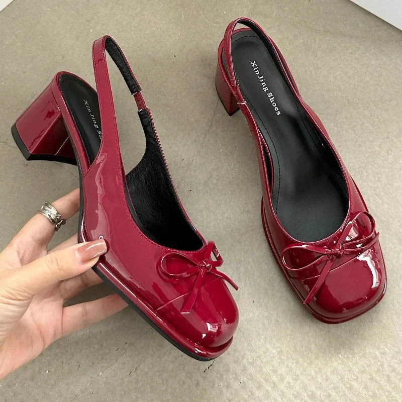 Crimson Patent Leather Slingback Block Heel Pumps on Luulla