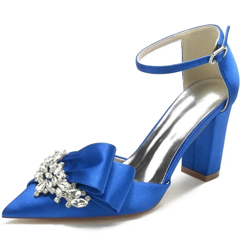Blue Satin Chunky Heel Rhinestone Bow Pumps