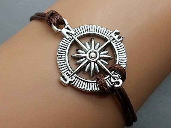 2pcs Silver Compass Bracelet Brown Wax Cord Bracelet Cham Bracelet Wristband Bracelet Adjustable Weave Bangle Personalized Bracelet