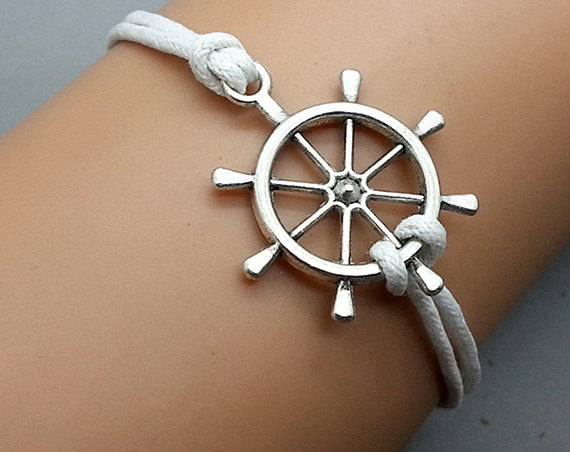 2pcs Silver Rudder /Shipping Wheel Bracelet White Wax Cord Bracelet Cham Bracelet Wristband Bracelet Adjustable Weave Bangle Personalized Bracelet