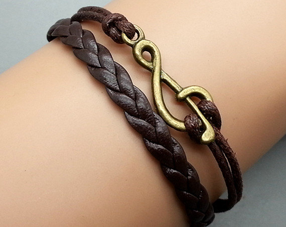 Music Notation Bracelet Bronze Bracelet Brown Korean Wax Cords Leather Charm Bracelet Personalized Bracelet