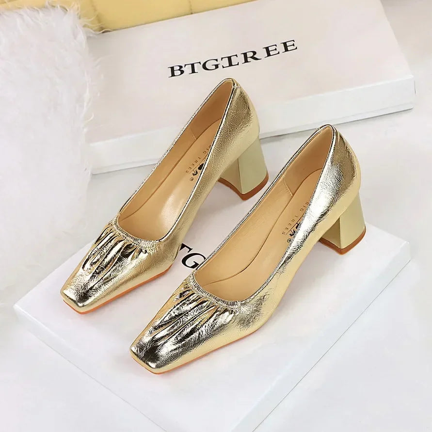 Golden Block Heel Fashionable Square Toe Shoes
