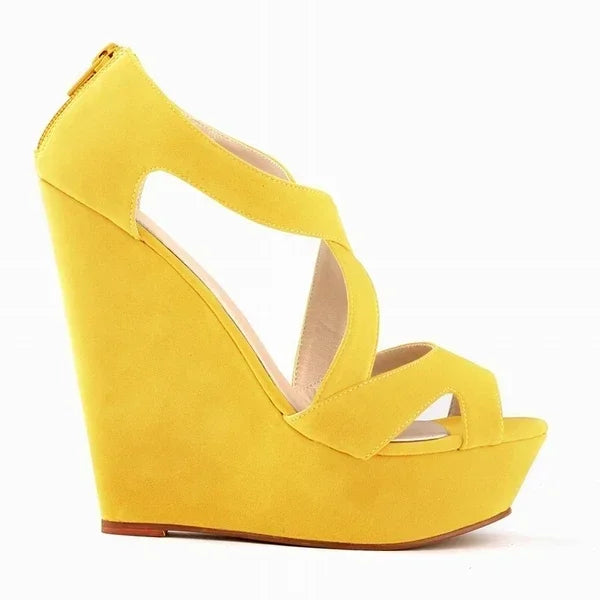 Yellow Suede Wedge Sandals With Cutout Straps on Luulla