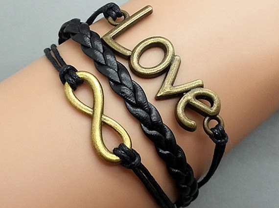 Infinity And Love Bracelet Black Wax Cord Black Leather Bracelet Bronze Cham Bracelet Wristband Bracelet Adjustable Weave Bangle Personalized Bracelet