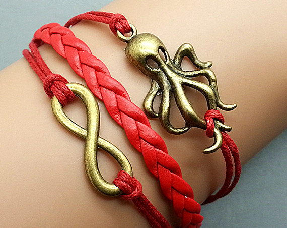 Infinity & Octopus Bracelet Charm Bracelet Bronze Bracelet Red Wax Cords Leather Charm Bracelet Personalized Bracelet