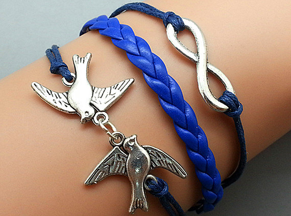 Infinity & Love Bird Bracelet Silver Bracelet Navy blue Wax Cords Leather Charm Bracelet Personalized Bracelet