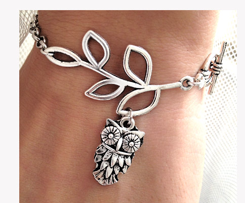 Silver Leaf branch,Owl Charm bracelet, Chain bracelet,leaf bracelet,Birthday,simple daily Jewelry,flower girl,birthday,Mom and baby