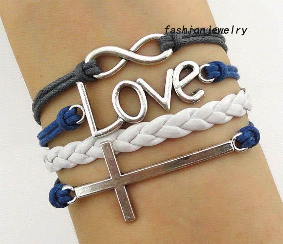Silver infinity Bracelet Love Bracelet Cross Bracelet-Wax Cords Leather Braided Bracelet,Personalized Jewelry Gift