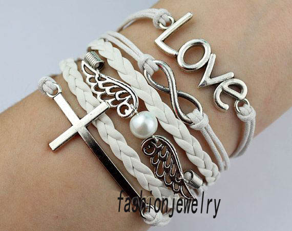 Infinity Bracelet, Love Bracelet, Cross Bracelet ,Wings With White Pearl Bracelet-Personalized Jewelry Gift