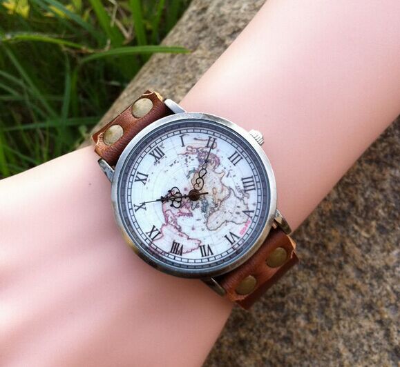 Geniune Leather Wrap Bracelet Watch World Map Watch Mens Watch Womens