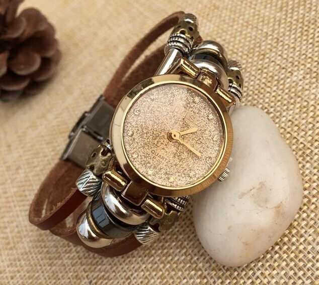 Fashion Womens Diamond Watch Leather Wrap Bracelet Watch Beaded Watch