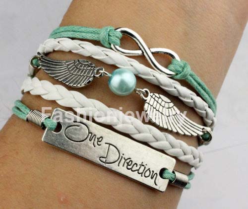 Infinity Bracelet,Wings with Pearl Bracelet,One Direction Bracelet In Silver-Mint Bracelet White Leather Braid Bracelet,Personalized Jewelry,Girlfriend Gift
