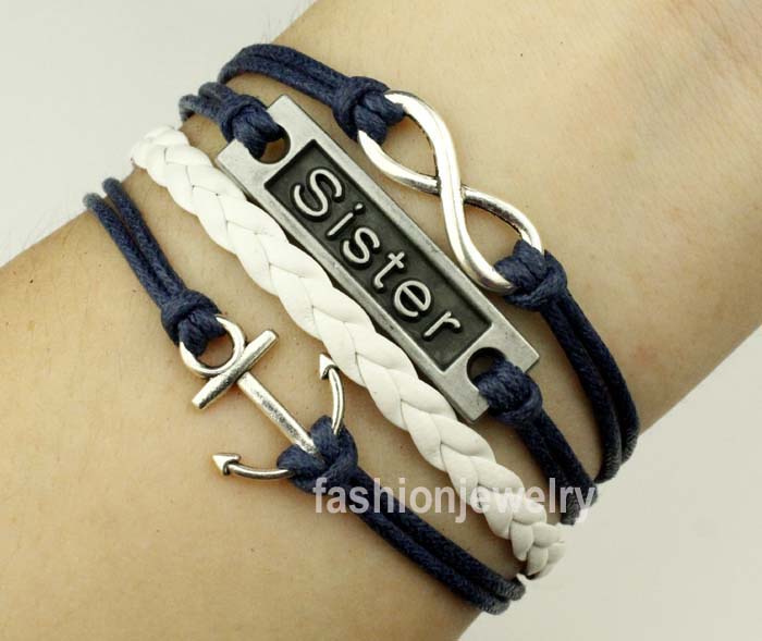 Infinity Bracelet Sister Bracelet Anchor Bracelet-Antique Charm Bracelet,Navy blue bracelet white leather braid bracelet,friendship gift