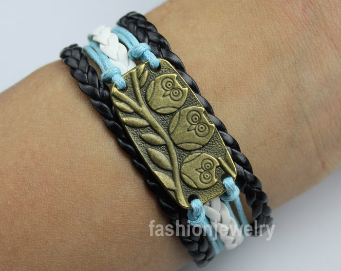 Cute Owl Bracelet,Owl Charm Bracelet-Leather Woven Bracelet,Fashion jewelry bangle Gift