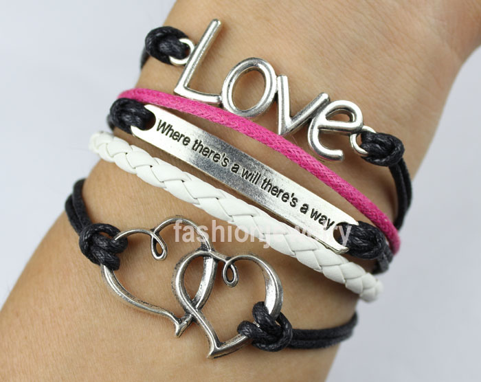 Love Bracelet,double Hearts Bracelet,motto ( Where There's A Will There's A Way) Bracelet-mixed Colors Charm Bracelet,vintage