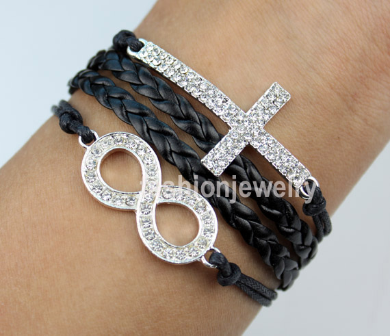 Diamond Infinity Bracelet Cross Bracelet-black Leather Charm Bracelet Cute Bracelet Men Bangle Bracelet Women Bracelet Fashion Jewelry Gift