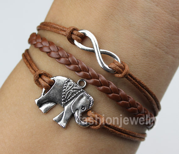 Infinity Bracelet Elephant Bracelet-Silver Charm Bracelet,Brown Leather Ropes Bracelet Christmas Gift Friendship Gift