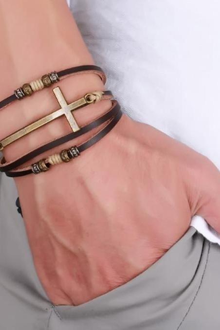 Genuine Real Leather Cross Bracelets & Bangles For Women Men Jewelry Gift