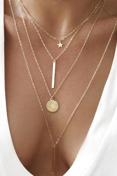 New Fashion Pentagram Chain Necklace Gold Color Multilayer Necklaces for Women Girls