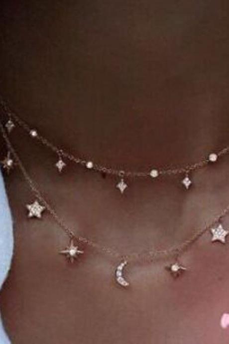 Women&amp;#039;s Fashion Multilayer Star Moon Pendant Necklace Choker Jewelry Gift
