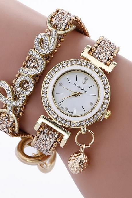 Luxury Crystal Love Wristwatch Leather Wrap Ladies Women Girls Quartz Watch
