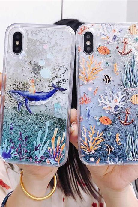 Dolphin Coral Liquid Glitter Case for iPhone 12 Mini 11 Pro Max XS XR X 7 8 Plus Soft TPU Ocean Whale Cover for iPhone 6 6S Plus 