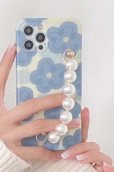 Blue Flower Pearl Hand Chain Silicone Phone Case 