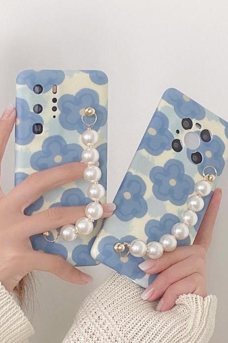 Blue Flower Pearl Hand Chain Phone Case for Huawei