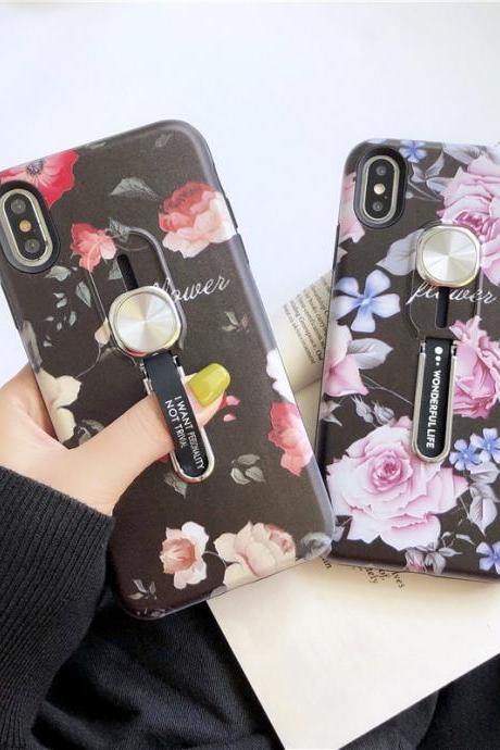 Flower Magnetic Car Phone Case Invisible Built-in Ultra Stand Holder Back Cover