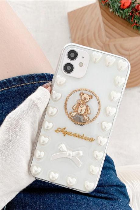 Metal Bear Pearl Clear Phone Case For iPhone 12 11 Pro Max XR XS Max X 6S 7 8 Plus